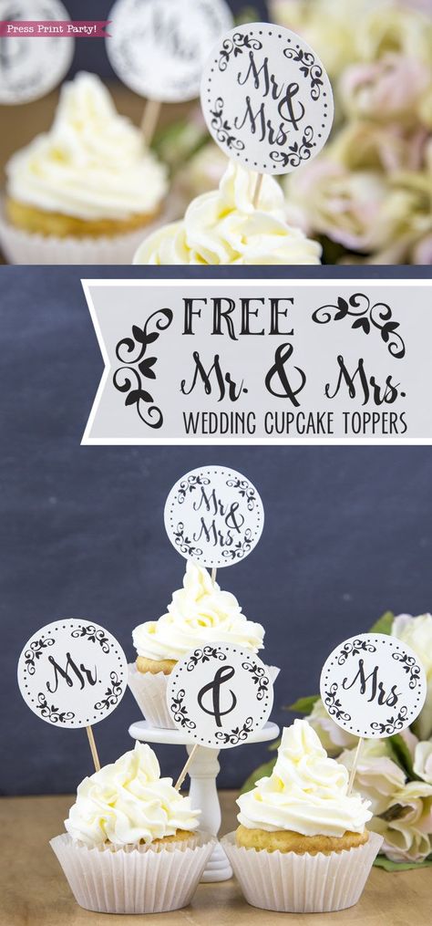 Free Mr. and Mrs. wedding cupcake toppers - Press Print Party! rustic wedding, #weddings  cupcake ideas, DIY, simple, county, Vintage, decoraton, Mr and Mrs printable, Cake topper, Vintage Wedding Candy Bar, Diy Wedding Cupcakes, Bridal Shower Cake Topper, Second Marriage, Simple Bridal Shower, Candy Bar Wedding, Cupcakes Ideas, Wedding Cupcake Toppers, Diy Cupcakes