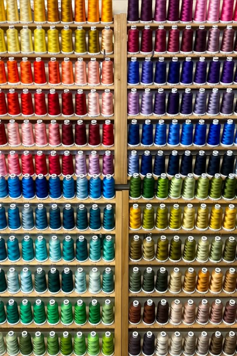 WALL FULL OF EMBROIDERY THREADS Thread Display Ideas, Tailoring Materials Images, Embroidery Thread Aesthetic, Embroidery Shop Display Ideas, Embroidery Organization Storage Ideas, Embroidery Room Ideas, Embroidery Craft Room, Thread Storage Ideas, Thread Display