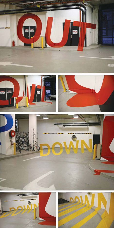 Weird & Wonderful Wayfinding: 3D Parking Garage Signage      This colorful Eureka Tower Carpark signage by Axel Peemoeller is either brilliant or distracting, or perhaps both.    From the right angle, messages emerge from seemingly-random lines scrawled along the walls, telling one where to go in, up, down or out as they drive or walk through the structure. Colorful Garage, Park Signage, Wayfinding Design, Kids Room Paint, Bold Type, Environmental Graphic Design, Parking Signs, Wayfinding Signage, Parking Design