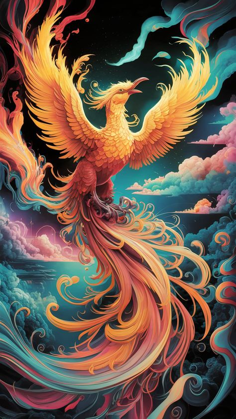 Experience the enchanting beauty of a mythical phoenix rising from the ashes in vibrant hues of red, orange, and gold, contrasted against deep blue and purple night skies. This wallpaper captures the essence of rebirth and transformation, featuring intricate Art Nouveau patterns and surreal dreamlike landscapes. Perfect for those who appreciate resilience, renewal, and stunning artistry. #PhoenixWallpaper #MythicalArt #ArtNouveau #Surrealism #HomeDecor Phoenix Wallpaper, Mythical Bird, Purple Night, Mythical Birds, Eagle Wallpaper, Intricate Art, Art Nouveau Pattern, Rise From The Ashes, Phoenix Rising