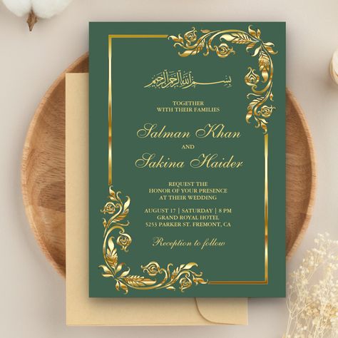 Green White And Gold Wedding Invitations, Pakistani Invitations Cards, Wedding Card Design Pakistani, Wedding Card Design Handmade, Wedding Invitations Green And Gold, Invitation Card Design Green, Islamic Wedding Invitations Template, Muslim Wedding Invitation Card Design, Green Wedding Cards