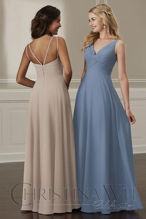 VNeck with empire waist and strappy back Simple Chiffon Dress, Brides Maid Dresses, Affordable Bridal Dresses, Bridesmaid Gown Chiffon, Christina Wu, Stylish Wedding Dresses, Chiffon Dresses, Affordable Wedding Dresses, Long White Dress