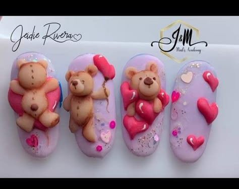 3d Teddy Bear Nails Acrylic, Valentine 3d Nails Design, 3d Charms On Nails, Valentines Nails 3d, 3d Valentines Nails, Hot Pink Acrylic Nails, 3d Acrylic Nail Art, Easter Nails Design Spring