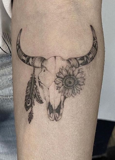 Cow Skull Tattoos: Meanings & Tattoo Ideas Bull Skull Tattoo Women Simple, Cow Skull With Sunflowers Tattoo, Small Bull Skull Tattoo For Women, Cow Head Tattoo Woman, Out West Tattoo Ideas, Country Skull Tattoo, Bull Skull With Sunflowers Tattoo, Feminine Bull Skull Tattoo, Western Bull Tattoo