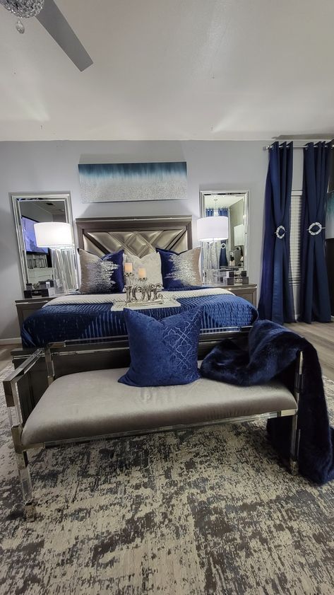 Navy Blue And Grey Living Room Decorating Master Bedrooms, Blue Silver And Gold Bedroom Ideas, Navy Blue Room Decor Master Bedrooms, Navy And Gold Bedroom Ideas Inspiration, Navy Blue And Silver Bedroom Ideas, Blue Gold Bedroom Decor, Navy Blue White And Silver Bedroom Decor, Silver And Navy Bedroom, Navy Blue Decor Bedroom