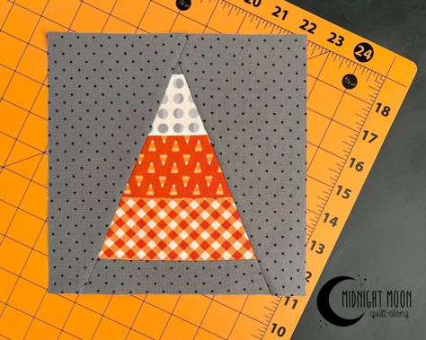 MMQAL- Bonus- candy corn Candy Corn Quilt Block Pattern, Candy Corn Quilt Block, Corn Quilt Block, Candy Quilt Block, Candy Corn Quilt, Ghost Quilt, Jelly Roll Projects, Grandmother Quilt, Moon Quilt