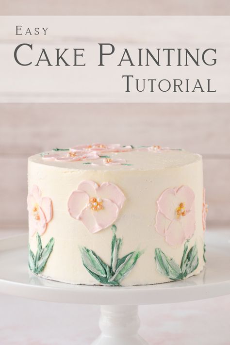 How To Paint Cakes With Buttercream, Cake Decorating Watercolor, Painted Flower Cake Tutorial, Spatula Painted Cake Tutorial, Spatula Painted Cake Flowers, Watercolor Flower Cake, Spatula Cake Decorating, Palate Knife Cake Decorating, Spatula Painted Cake