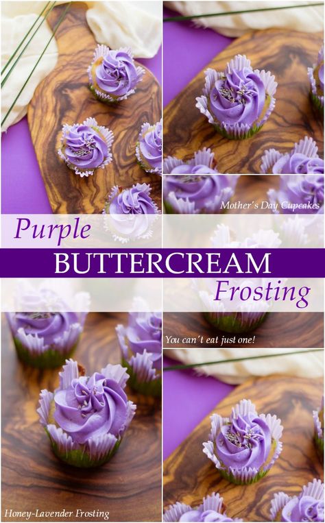 Purple Buttercream Frosting - Honey Lavender Buttercream Frosting and Vanilla Cupcakes for Mother's Day. Perfect colorful cupcakes to celebrate Mother's Day or any day with purple frosting recipe! Purple Frosting Cake, How To Make Purple Frosting, Purple Icing Cupcakes, Purple Buttercream Frosting, Purple Frosting Cupcakes, Lavender Buttercream Frosting, Purple Treats, Purple Frosting, Lavender Buttercream