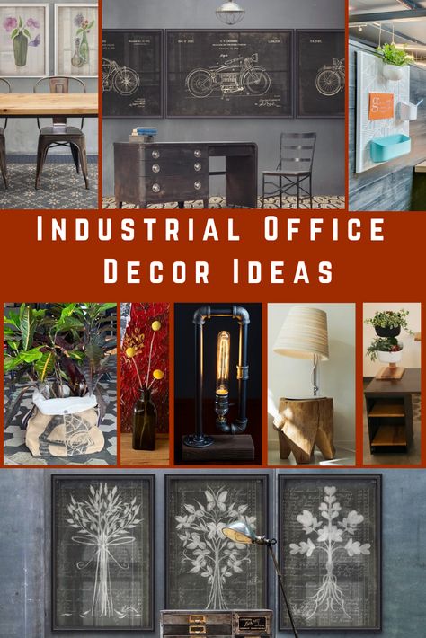 Plumbing Office Decor, Industrial Office Decor Professional, Industrial Warehouse Office Design, Rustic Industrial Wall Art, Feminine Industrial Office, Industrial Style Office Design, Industrial Home Office Ideas, Industrial Office Decor Ideas, Industrial Office Space Design