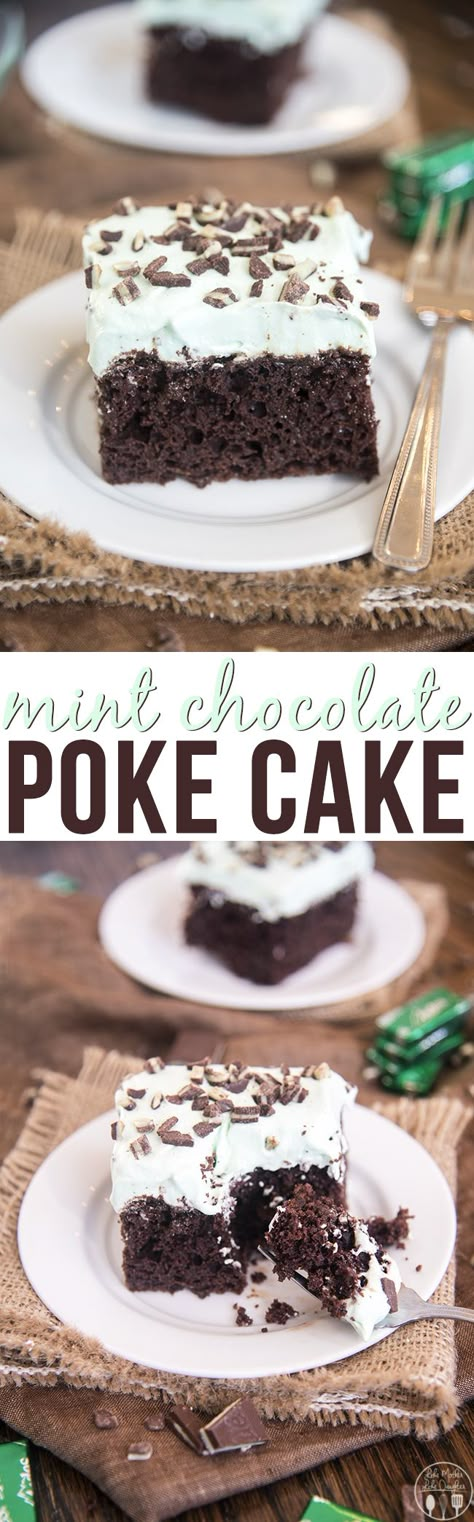 Mint Chocolate Poke Cake - this delicious rich cake starts is filled with a minty hot fudge mixture and topped with a minty whipped cream! Its an amazing mint chocolate dessert for a crowd! Mint Poke Cake, Mint Chocolate Desserts, Andes Mints, Pumpkin Muffins Easy, Fudge Chocolate, Chocolate Poke Cake, Dessert Oreo, Rich Cake, Big Chocolate