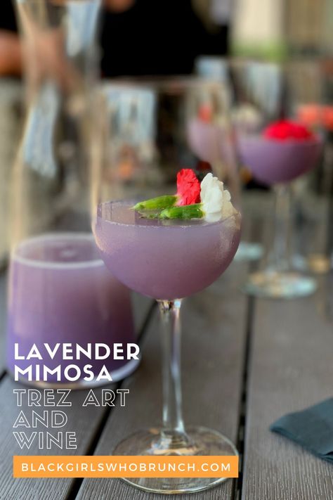 Lavender Mimosa - Trez Art and Wine Bar Houston Lavender Mimosa Recipe, Purple Brunch Decor, Lavender Brunch, Lavender Drinks, Lavender Mimosa, Aries Szn, Mimosa Party, Houston Brunch, Purple Mimosa