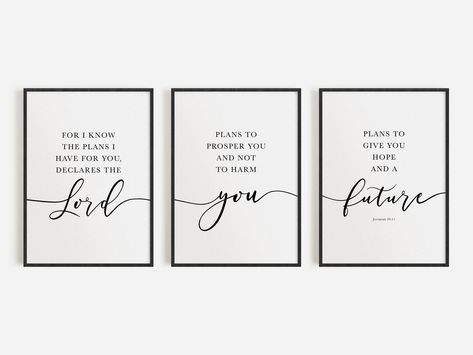 Jeremiah 29:11 Bible verse wall art set of 3 to suit any modern farmhouse christian home decor. This scripture is designed exclusively by Divine Digital Prints and features NIV biblical quote of ‘For I know the plans I have for you.’ This would look great in any room but some suggestions would be in your living room above your couch or in your bedroom above your bed to help inspire you daily! Art Work For Living Room, Quotes Hope, Jeremiah 29, Scripture Print, Verse Wall Art, I Know The Plans, Biblical Art, Bible Verse Wall, Biblical Quotes