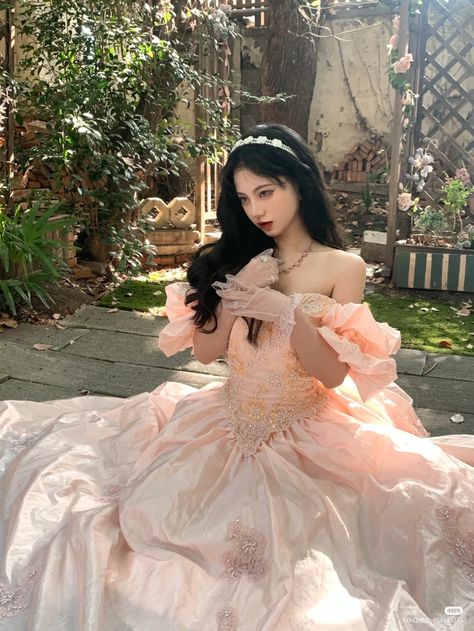 Victorian Ball Dress, Gown Aesthetic, Korean Wedding Dress, Pink Princess Dress, Poofy Dress, Sweet 17, Gown Pictures, Flare Sleeve Dress, Pink Gowns