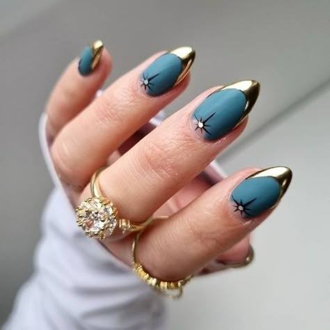 Blue Nails Gold Tips, Witchy Nail Designs Almond, Ska Punk Nails, Jewel Tone Nail Art, Mcm Nails Design, Witchy Gel Nails, Luna Moth Nails, Wizard Nails, Evil Nail Art