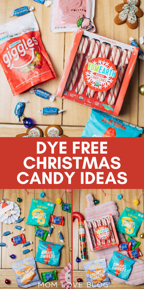 Pinterest graphic with photo collage and text that reads "dye free christmas candy ideas." Dye Free Candy List, Candy Without Red Dye 40, Dye Free Alternatives, Dye Free Christmas Treats, Snacks Without Red Dye 40, Dye Free Foods For Kids, Christmas Candy Ideas, Dye Free Candy, Dye Free Snacks