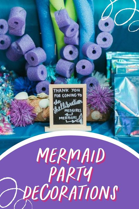 mermaid party decorations, diy party, easy set up Diy Mermaid Decorations Birthday Parties, Easy Diy Mermaid Decorations, Mermaid Theme Party Decorations Diy, Cheap Mermaid Party Ideas, Mermaid Birthday Decorations Diy, 6th Birthday Mermaid Party, Diy Ariel Decorations, Diy Mermaid Themed Birthday Party, Under The Sea Mermaid Party