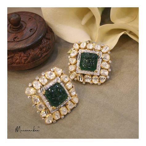 Get All The Beautiful Big Stud Earring Designs Here! • South India Jewels Polki Earrings Studs, Studs Earrings Gold India, Polki Rings, Polki Studs, Big Stud Earrings, Diamond Pendant Jewelry, Gold Jhumka Earrings, Indian Jewelry Earrings, Diamond Pendants Designs