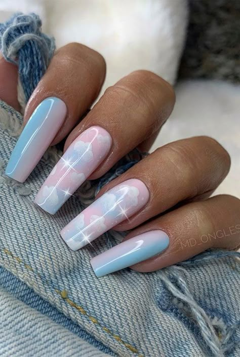 Pink Clouds Nails, Pastel Color Nails Designs, Nail Pastel Colors Design, Pastel Cloud Nails, Nail Designs Pastel Colors, Nails With Cloud Design, Cloud Acrylic Nails, Cloud Nails Acrylic, Cloud Manicure