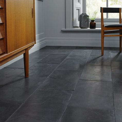 Brushed Black Slate Tiles - 600x400mm | Stone Tile Company Slate Floor Kitchen, Black Slate Floor, Black Slate Tiles, Slate Kitchen, Slate Tiles, Slate Tile Floor, Stone Tile Flooring, Black Floor Tiles, Stone Floor