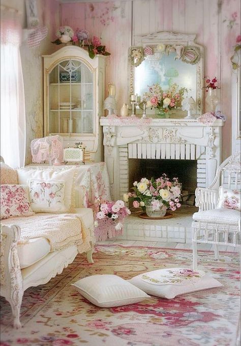 Elaina's  Sanches Shabby chic home decoration and crafts Chic Fireplace, Shabby Chic Fireplace, Shabby Chic House, Christmas Centerpieces Cheap, Romantic Living Room, Chic House, Shabby Chic Home, Storybook Cottage, Pink Stuff