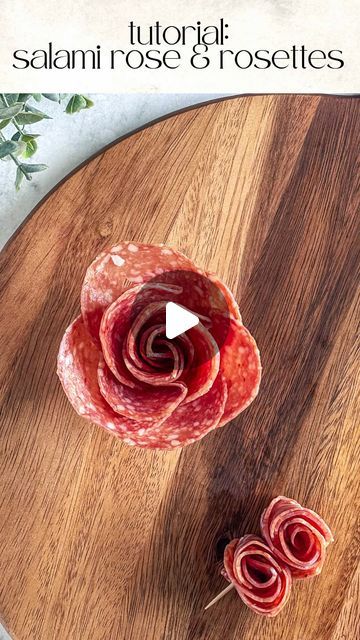 Charcuterie Board Ideas Salami Rose, Salami Roses Charcuterie, Rose Shaped Salami, Making Salami Roses, How To Roll Ham For Charcuterie, How To Salami Rose, How To Make A Salami Flower, Salami Bows, How To Make Charcuterie Board Ideas