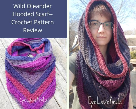 Wild Oleander Hooded Scarf – Crochet Pattern Review by A Stitch Shy of Normal for EyeLoveKnots – Wickedly Handmade Wickedly Handmade, Wild Oleander Hooded Scarf, Crochet Hooded Scarf Pattern Free Easy, Crochet Hooded Scarf Pattern Free, Crochet Hooded Scarf Pattern, Crochet Hooded Cowl, Triangle Scarf Crochet Pattern, Hooded Scarf Pattern, Crochet Hooded Scarf