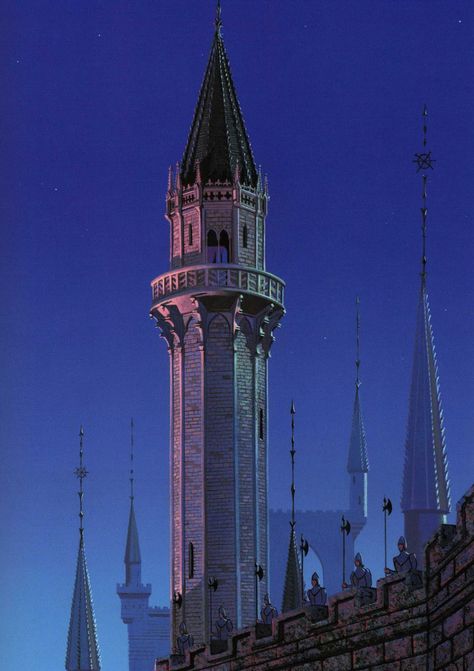 Sleeping Beauty tower Disney Sleeping Beauty Background, Princess Tower Aesthetic, Pretty Animation, Disney Architecture, Paper Theater, Eyvind Earle, Sleeping Beauty 1959, Background Painting, Sleeping Beauty Castle