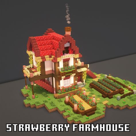 Minecraft Strawberry Farmhouse Tutorial Minecraft Cute Farmhouse, Mc Farm Design, Minecraft Strawberry Build, Cute Minecraft Farmhouse, Strawberry House Minecraft, Minecraft Strawberry, Minecraft Farmhouse Ideas, Strawberry Minecraft, Farmhouse Minecraft