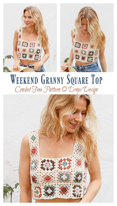 Woodstock Weekend Granny Square Top Crochet Free Pattern - Crochet & Knitting Crochet Tank Top Free, Granny Square Top, Crochet Pour Halloween, Vest Pattern Free, Crochet Vest Pattern, Cozy Crochet, Crochet Tops Free Patterns, Crochet Clothes For Women, Crochet Summer Tops