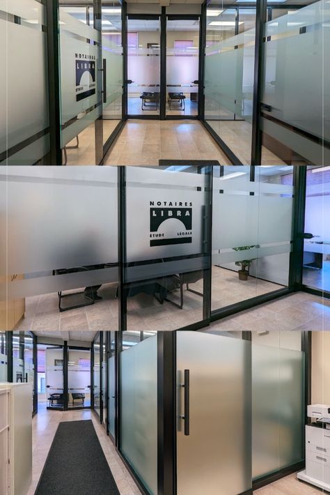 Office frosted film and vinyl installed on glass windows and doors for decoration and privacy for the notary office Libra Notaires Notary Office, Glass Door Design, Office Door Signs, Sign Letters, Glass Office, Office Door, Glass Decals, Office Ideas, Door Signs