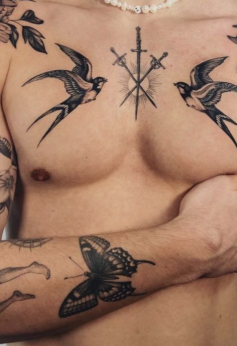 Chest Tattoo Men Ideas Geometric, Mens Upper Chest Tattoo, Cursive Chest Tattoo, Men Collarbone Tattoo, Men’s Word Chest Tattoo, Belly Button Tattoos Men, Symmetrical Chest Tattoo Men, Men’s Sternum Tattoo, Deltoid Tattoo Men