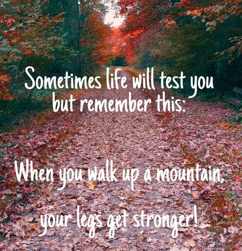 Sometimes life will test you, but remember this: when you walk up a mountain, your legs get stronger! Some Days Are Easier Than Others Quotes, Your Stronger Than You Think Quotes, Life Is Heavy Quotes, Hard Days Quotes Inspiration, Stronger Than You Think Quotes, When Life Is Hard Quotes, Getting Stronger Quotes, Hard Day Quotes, Lifes Challenges Quotes