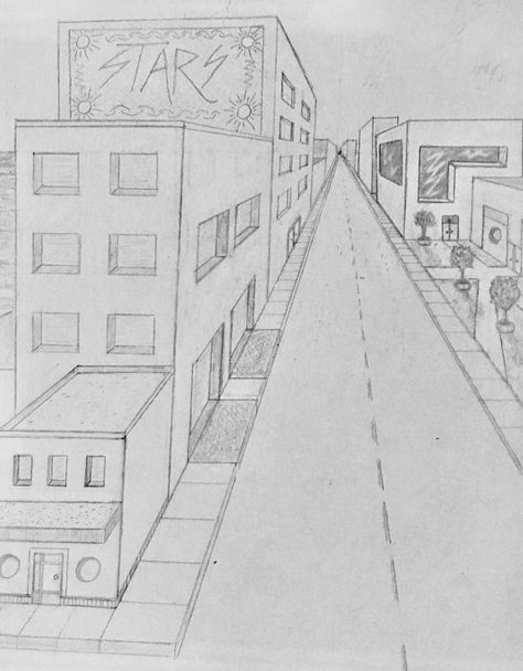 Street Building Drawing, Cityscape Perspective Drawing, One Point Perspective Street View, How To Draw A Cityscape, One Point Perspective Building Drawing, 1 Point Perspective Drawing Architecture, Perspektif 1 Titik Hilang Interior, One Point Perspective Cityscape, 1point Perspective Drawing