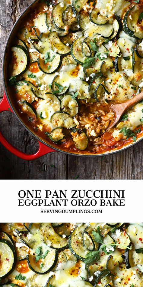 One Pan Zucchini and Eggplant Orzo Bake Orzo Eggplant Recipe, Eggplant Zucchini Recipes, Eggplant Orzo, Oven Baked Pasta, Pan Zucchini, Orzo Bake, Serving Dumplings, Zucchini And Eggplant, Eggplant Recipes Healthy