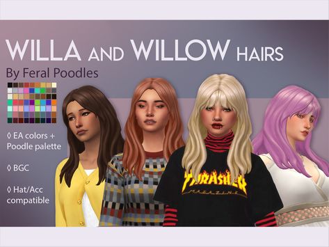 Sims 4 — Willow Hair by feralpoodles — Long and flowy hair with fluffy bangs! This is the SECOND hair (right) in the Ts4 Maxis Match Cc, Fluffy Bangs, Lola Hair, Flowy Hair, Ts4 Hair, Los Sims 4 Mods, Olive Hair, Ts4 Mods, Maxis Match Cc