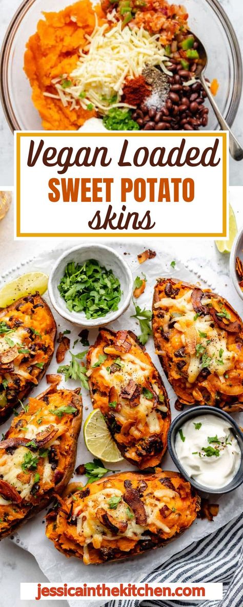 Who doesn’t love potato skins? Crispy and cheesy, need I say more? I’m here to show you a vegan sweet potato skin recipe that is just as loaded and delicious as the original, but a bit healthier. They’re super easy to make and fun to eat, and I have no doubt they’ll become one of your game day staples in no time! Stuffed Sweet Potatoes Vegan, Vegan Loaded Sweet Potato Fries, Loaded Sweet Potato Vegan, Stuffed Sweet Potato Dinner, Veggie Packed Sweet Potato Boats, Tofu Stuffed Sweet Potato, Loaded Sweet Potato Skins, Vegan Jacket Potato Filling, Potato Skins Vegetarian