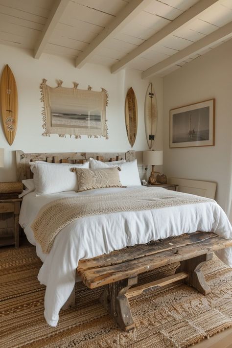 29 Boho Coastal Bedroom Ideas for a Breezy, Beachy Haven 6 Coastal Boho Aesthetic, Surfer House Aesthetic, Surfboard Decor Bedroom, Surf Bedroom Aesthetic, Boho Surf Bedroom, Surfer Bedroom Aesthetic, Surf Style Bedroom, Surfer Bedroom, Coastal Bedroom Design