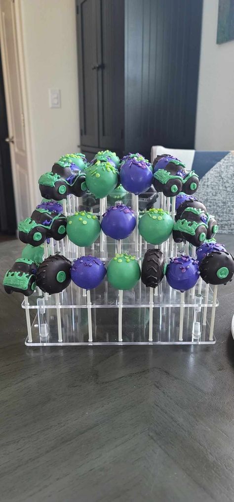 Grave Digger Cake Pops, Monster Jam Treats, Monster Jam Dessert Table, Monster Truck Desserts, Monster Jam Cake Pops, Monster Truck Dessert Table, Monster Truck Treats, Monster Truck Cake Pops, Grave Digger Cake