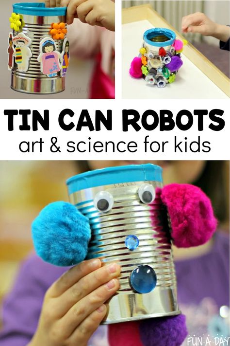 Let the kids go wild making tin can robots with simple materials from your craft stash! Perfect for your next preschool, pre-k, or kindergarten robot unit. Love the twist to make it transient art and science. Click on the Fun-A-Day.com link for all the details. Transient Art, Tin Can Robots, Robots Art, Robot Craft, Robot Theme, Craft Stash, Art And Science, Kindergarten Art, Robot Art