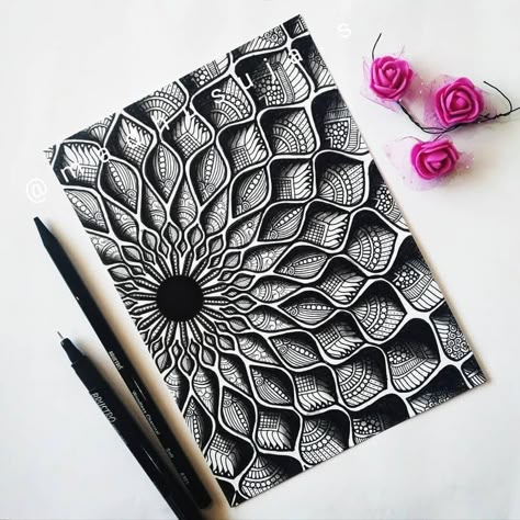 Ruffled 3D effect by Madhusuja Painting On Canvas For Beginners, Easy Mandala Drawing, Mandala Doodle, Boho Art Drawings, Canvas For Beginners, Mandala Art Therapy, Pen Art Drawings, Doodle Art Drawing, Beautiful Art Paintings