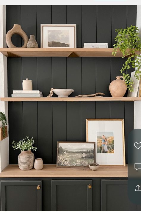 Floating Shelves On Wood Paneling, Kitchen Shelf Display, Dining Room Floating Shelves Decor, Dining Room Shelf Decor, Dining Room Floating Shelves, Dining Room Shelving, Home Shelves Ideas, Vegas House, Accent Wall In Kitchen