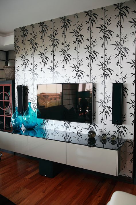 TV room create a backdrop behind the TV unit. #wallsdirect Tv Units With Wallpaper, Wallpaper Tv Unit Tv Walls, Tv Unit Wall Texture Paint, Tv Unit Design With Wallpaper, Tv Unit Wall Painting Ideas, Tv Unit With Wallpaper, Tv Unit Wallpaper, Wallpaper Behind Tv, Built In Tv Wall Unit