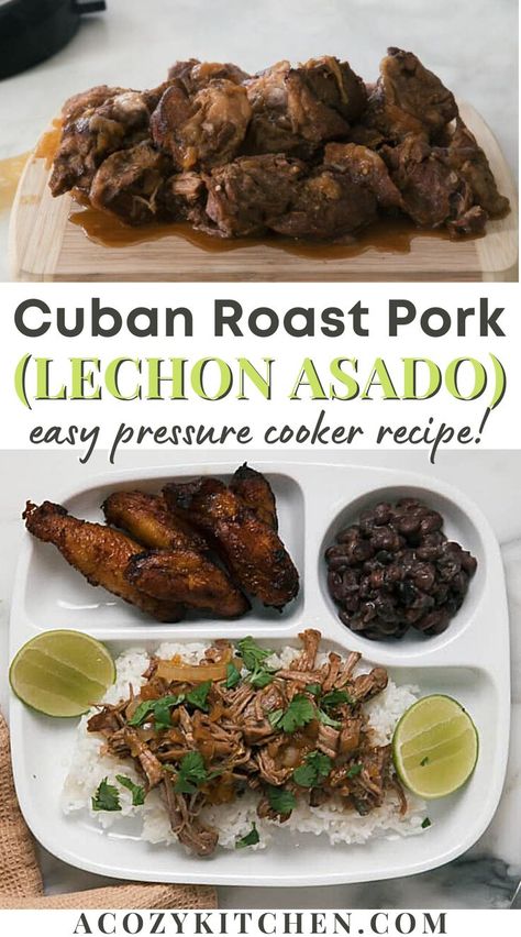 This Lechon Asado or Cuban Roast Pork is marinated in a flavorful Cuban mojo garlic (garlic and citrus packed) sauce. And then cooked until it’s super tender. While this Cuban dish is typically roasted in the ground or a Caja China, this recipe comes together quickly and is cooked to perfection in a pressure cooker or Instant Pot. I like to serve it with rice, black beans, sweet plantains, lime wedges, and cilantro. #instantpotdinnerrecipes #cubanrecipes Cuban Chicharo Recipe, Cuban Lechon, Mojo Pork Instant Pot, Pork Roast Crock Pot Recipes Cuban, Instant Pot Mojo Pork, Cuban Pork Loin, Instant Pot Cuban Pork, Pork Shoulder Roast Crock Pot Cuban, Cuban Pork Shoulder Roast In Oven