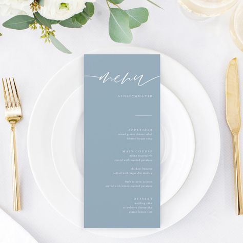 Menu Wedding Table, Wedding Menu Ideas, Rustic Wedding Menu, Blue Calligraphy, Chicken Francese, Wedding Table Menus, Simple Calligraphy, Wedding Dinner Menu, Menu Wedding