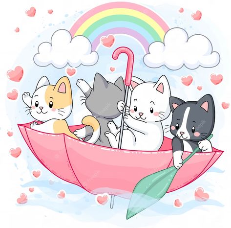 Vector premium | Lindos gatitos pastel, paraguas con arcoiris. Balloon Illustration, Pink Umbrella, Cute Pastel, Cartoon Faces, Ride On Toys, Kawaii Drawings, Cute Animal Drawings, Cat Drawing, Cute Cartoon Wallpapers