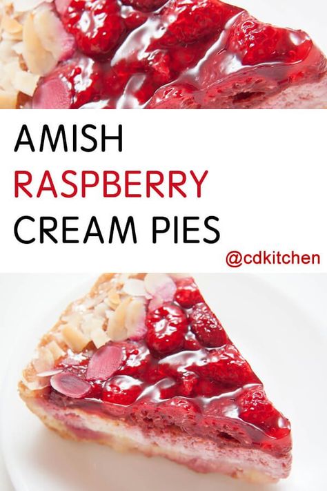 Amish Raspberry Cream Pies - A double layer pie made with a creamy vanilla filling and a fresh raspberry gelatin layer on top.|  CDKitchen.com Raspberry Cream Pie Recipe, Fruit Recipes Dessert, Amish Cake, Pie Raspberry, Sugar Cream Pie Recipe, Gelatin Desserts, Amish Kitchen, Raspberry Cream Pies, Simple Pie