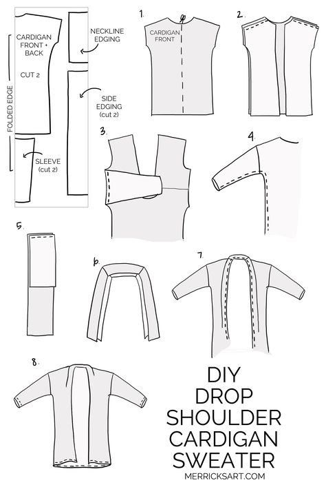 DIY DROP SHOULDER CARDIGAN | Merrick's Art | Merrick's Art How To Make A Cardigan From A Sweater, Sew Cardigan Pattern Free, How To Sew A Cardigan, Diy Cardigan From Sweater, Sewing Cardigan Pattern, Free Cardigan Sewing Pattern, Sweater To Cardigan Diy, Diy Cardigan From Fabric, Cardigan Sewing Pattern Free