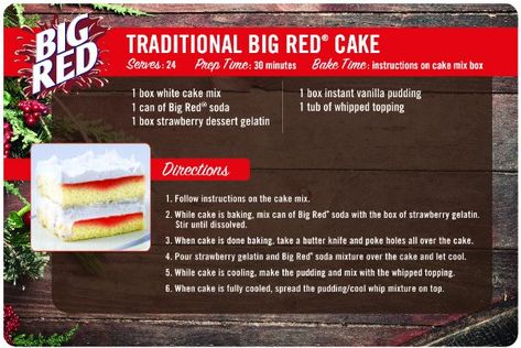 Big Red Cake Recipe Red Cake Recipe, Big Red Cake, Gelatin Pudding, Big Red Soda, Homemade Gluten Free Bread, Red Punch, Red Cupcakes, Paula Deen Recipes, Red Cake