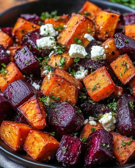 Beets And Sweet Potatoes Recipes, Sweet Potato And Beet Salad, Roasted Beets And Sweet Potatoes Recipe, Roasted Beets And Sweet Potatoes, Beets And Sweet Potatoes, Cheesy Broccoli Recipe, Potatoes With Feta, Protein Soup Recipes, Roasted Beets Recipe