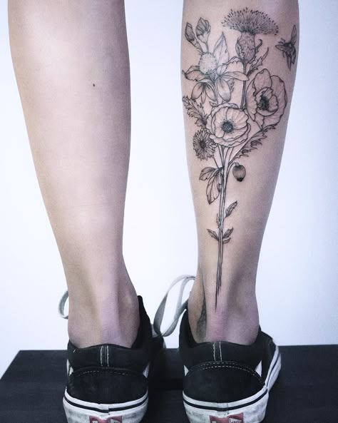 𝖆𝖓𝖏𝖆 ❈ hamburg fineart tattoos on Instagram: “🐝💐 Wildflower bouquet and bee. Thank you dear for being so spontaneous to cover your whole calf with this haha.  For booking in Hamburg or…” Flowers On Calf Tattoo, Half Leg Sleeve Tattoo Calf Woman, Flower Leg Tattoos Women Calves, Outer Calf Tattoo, Floral Calf Tattoos For Women, Calf Flower Tattoos For Women, Wildflower Thigh Tattoo, Women’s Calf Tattoo, Calve Tattoos For Women